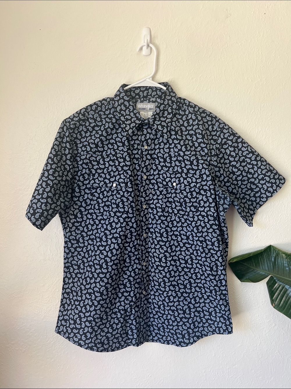 Wrangler Navy Short Sleeve Button-Up with White Paisley Print. Mens